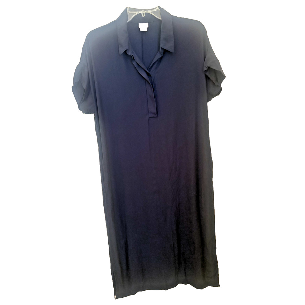 Chico's Dress Sz 1 Classic Navy Half Placket Collared Pockets Mid Calf